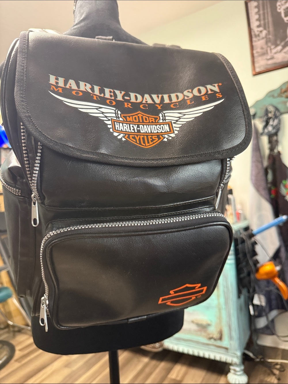 Harley-Davidson Black Backpack with Orange Logo and Wing Graphic - Picture 2 of 16